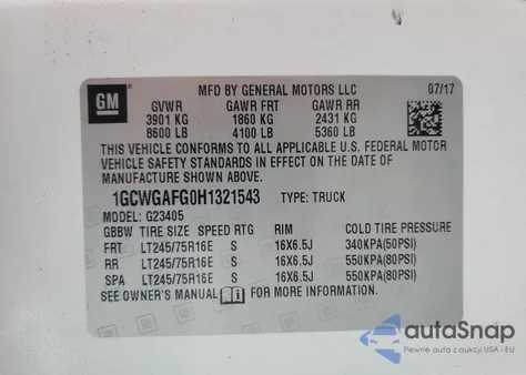 2017 Chevrolet Express G2500 из США, поврежденный, VIN 1GCWGAFG0H1321543